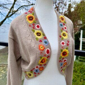 90s Vintage 100% Wool Tan Light Brown Floral Embroidered Shrug Sweater